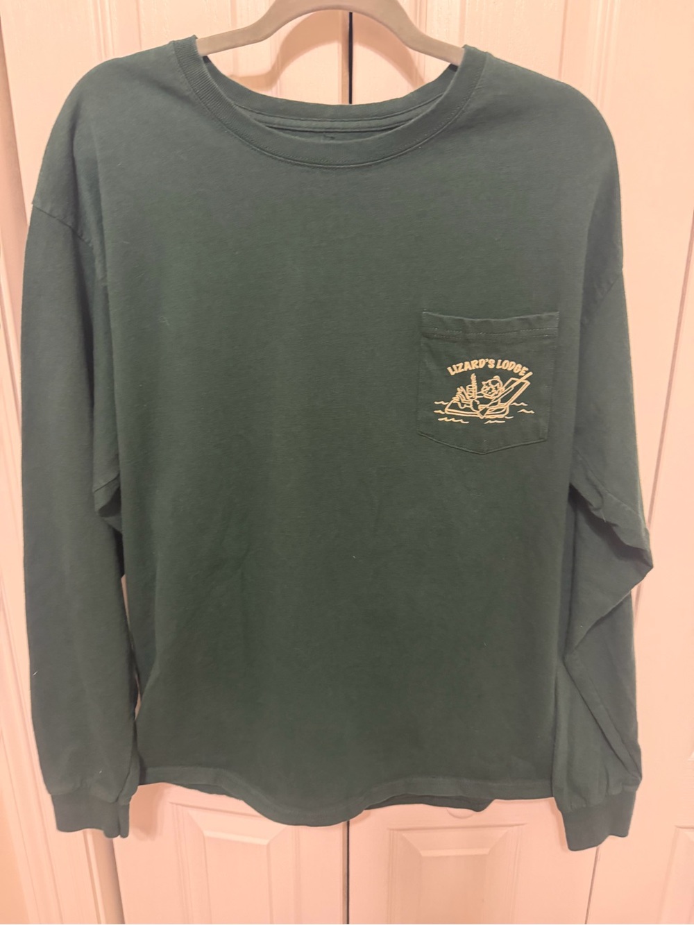 Hunting/Lizard Lodge- Green Long-Sleeve Pocket Tee with Yellow Chest Graphic